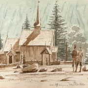 Martinus Rørbye | Folk ved en stavkirke – 1830 | Indrammet kunsttryk | Danmarks Guldalder