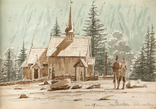 Martinus Rørbye | Folk ved en stavkirke – 1830 | Indrammet kunsttryk | Danmarks Guldalder