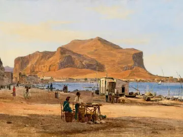 Martinus Rørbye | Hafen von Palermo mit Blick auf Monte Pellegrino – 1840 | Gerahmter Kunstdruck | Goldenes Zeitalter Dänemark