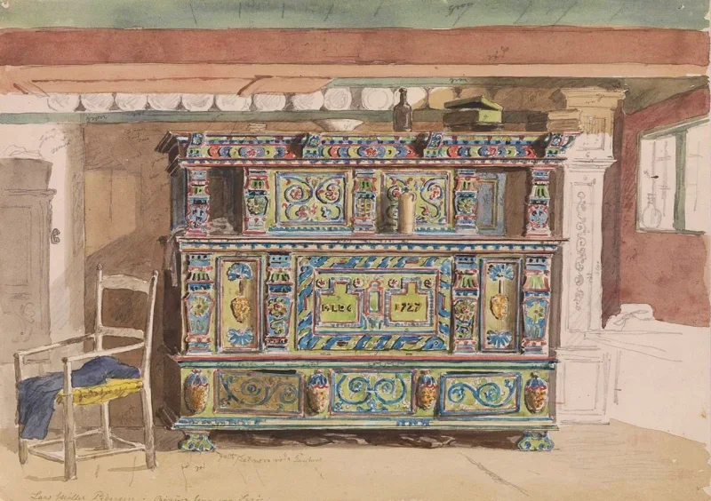Martinus Rørbye | Bemalter Schrank in einer Stube von Læsø - 1847 | Gerahmter Kunstdruck | Goldenes Zeitalter Dänemark