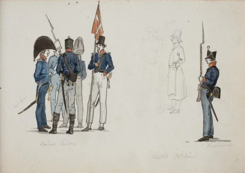Martinus Rørbye | Studier af soldater – 1830 | Indrammet kunsttryk | Danmarks Guldalder