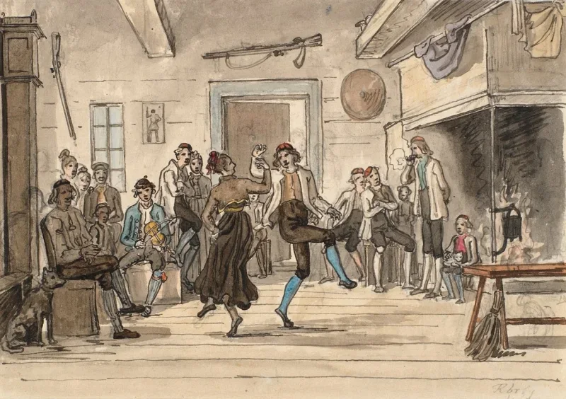 Martinus Rørbye | Dans i stuen på en norsk bondegård – 1832 | Indrammet kunsttryk | Danmarks Guldalder
