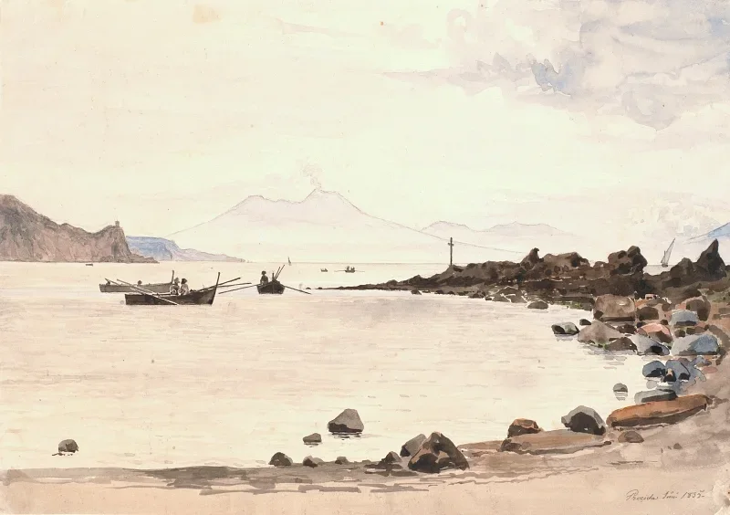 Martinus Rørbye | Udsigt mod Vesuv fra Procida - 1835 | Indrammet kunsttryk | Danmarks Guldalder