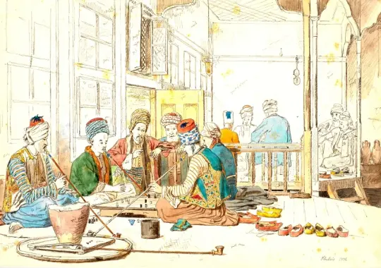 Martinus Rørbye | Tyrkere ved brætspil i café - 1836 | Indrammet kunsttryk | Danmarks Guldalder