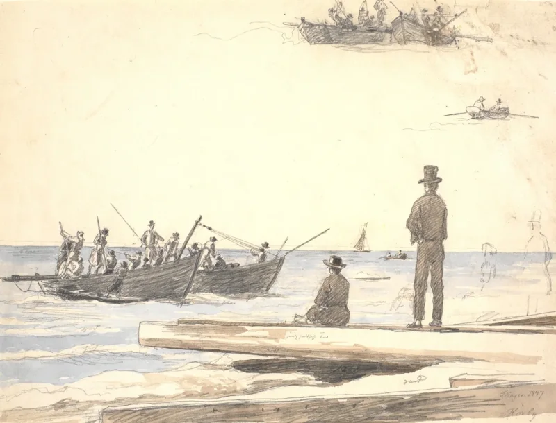 Martinus Rørbye – Zwei Fischerboote fahren zum Strand von Skagen 1846 | Giclée Kunstdruck gerahmt
