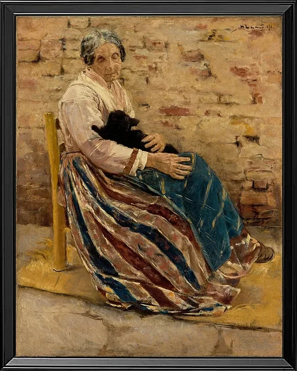 Max Liebermann - 01 Eine alte Frau mit Katze 1878 | Giclée Kunstdruck gerahmt