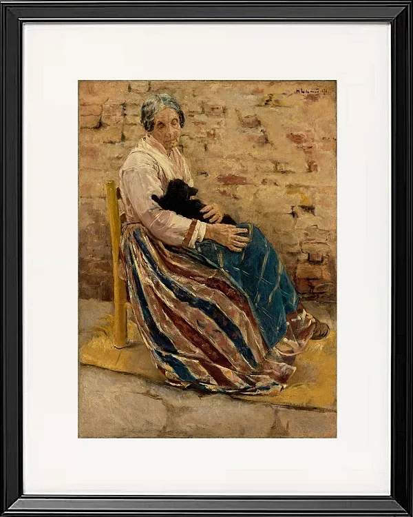 Max Liebermann - 01 Eine alte Frau mit Katze 1878 | Giclée Kunstdruck gerahmt