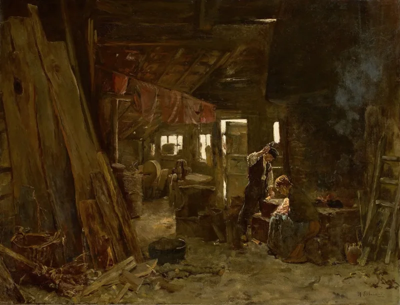 Max Liebermann - 40  Zimmermannswerkstatt 1875 | Giclée Kunstdruck gerahmt