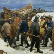 Michael Ancher - Das Rettungsboot wird durch die Dünen geführt 1883 | Giclée Kunstdruck gerahmt