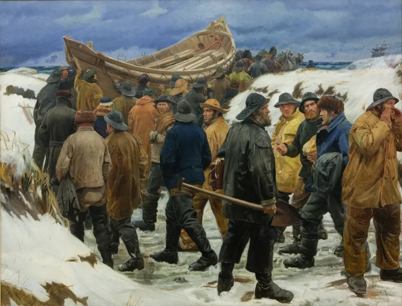 Michael Ancher - Das Rettungsboot wird durch die Dünen geführt 1883 | Giclée Kunstdruck gerahmt