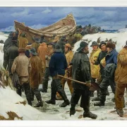 Michael Ancher - Das Rettungsboot wird durch die Dünen geführt 1883 | Giclée Kunstdruck gerahmt