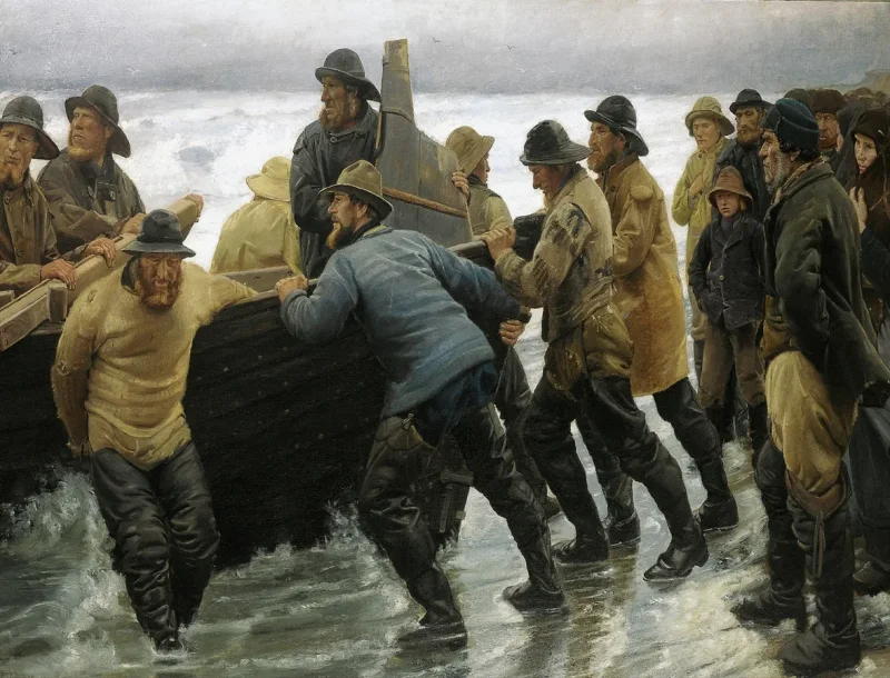 Michael Ancher - Fischer starten ein Ruderboot 1881 | Giclée Kunstdruck gerahmt