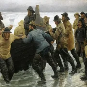 Michael Ancher - Fischer starten ein Ruderboot 1881 | Giclée Kunstdruck gerahmt