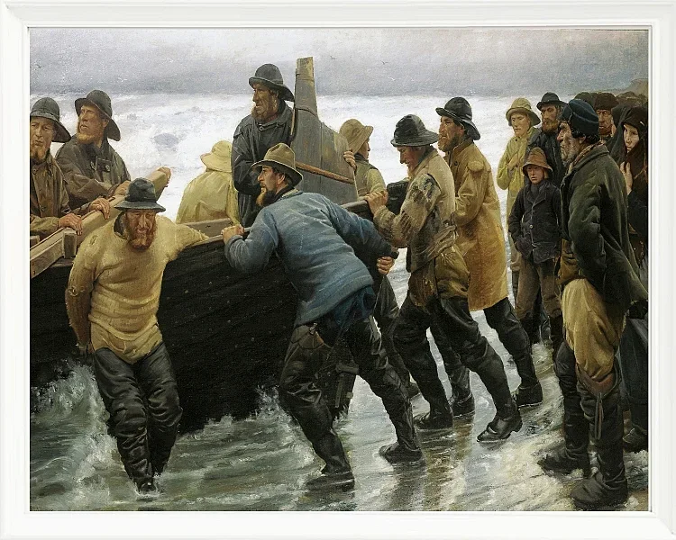 Michael Ancher - Fischer starten ein Ruderboot 1881 | Giclée Kunstdruck gerahmt