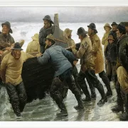 Michael Ancher - Fischer starten ein Ruderboot 1881 | Giclée Kunstdruck gerahmt