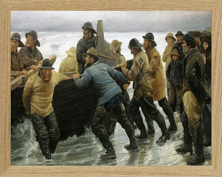 Michael Ancher - Fischer starten ein Ruderboot 1881 | Giclée Kunstdruck gerahmt