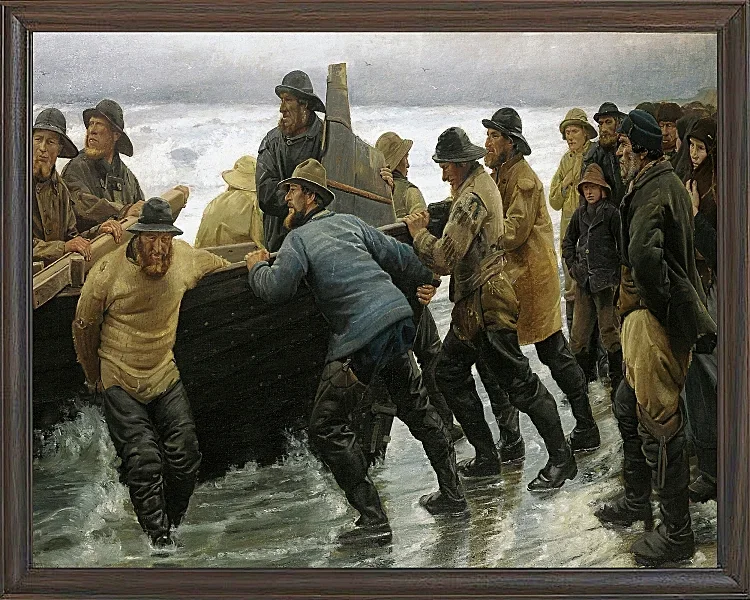 Michael Ancher - Fischer starten ein Ruderboot 1881 | Giclée Kunstdruck gerahmt