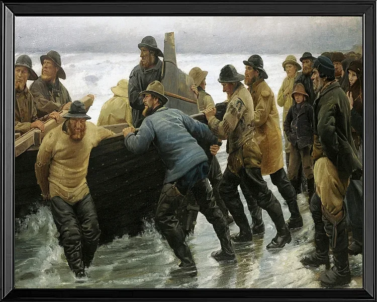 Michael Ancher - Fischer starten ein Ruderboot 1881 | Giclée Kunstdruck gerahmt