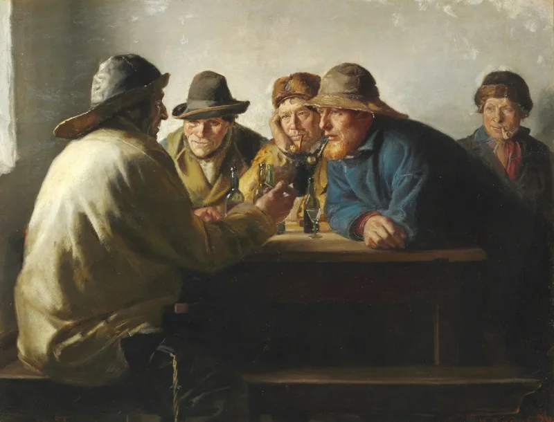 Michael Ancher - Fischer um einen Tisch trinken Bier 1886 | Giclée Kunstdruck gerahmt