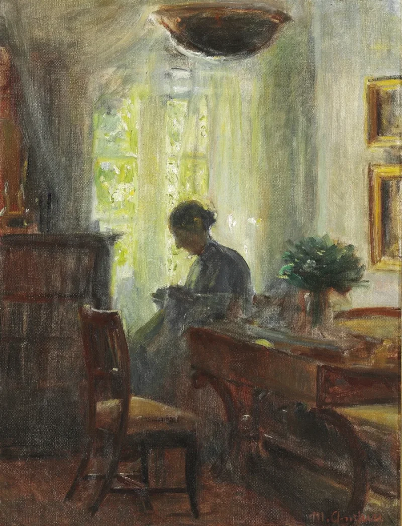 Michael Ancher - Frau Anna Ancher beim Nähen 1915 | Giclée Kunstdruck gerahmt