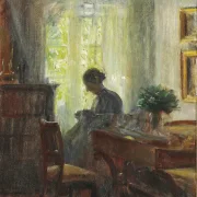 Michael Ancher - Frau Anna Ancher beim Nähen 1915 | Giclée Kunstdruck gerahmt