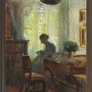 Michael Ancher - Frau Anna Ancher beim Nähen 1915 | Giclée Kunstdruck gerahmt
