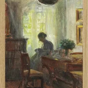 Michael Ancher - Frau Anna Ancher beim Nähen 1915 | Giclée Kunstdruck gerahmt