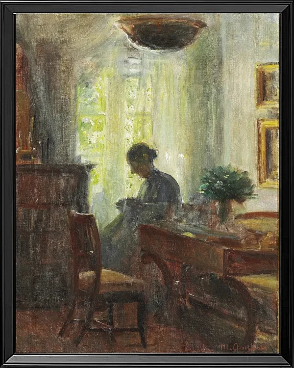 Michael Ancher - Frau Anna Ancher beim Nähen 1915 | Giclée Kunstdruck gerahmt