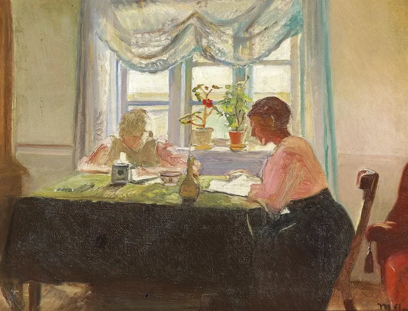 Michael Ancher - Hausaufgaben am Fenster 1889 | Giclée Kunstdruck gerahmt
