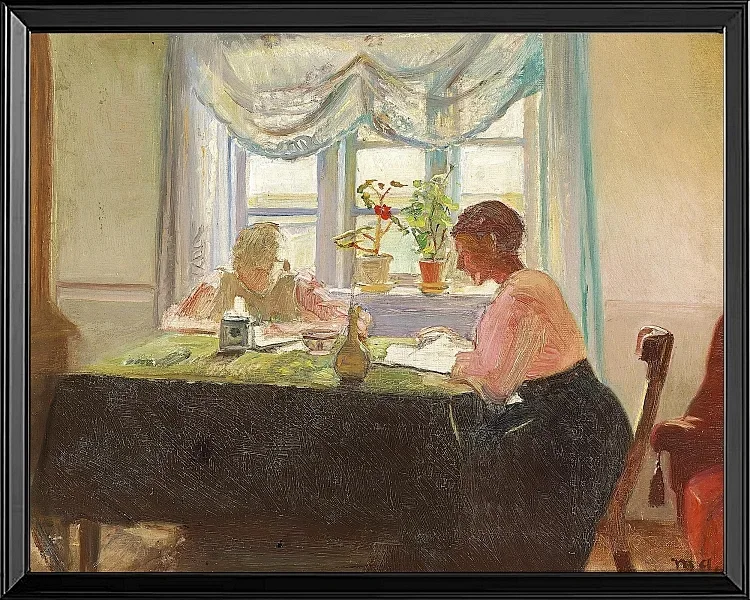 Michael Ancher - Hausaufgaben am Fenster 1889 | Giclée Kunstdruck gerahmt