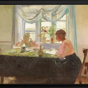 Michael Ancher - Hausaufgaben am Fenster 1889 | Giclée Kunstdruck gerahmt