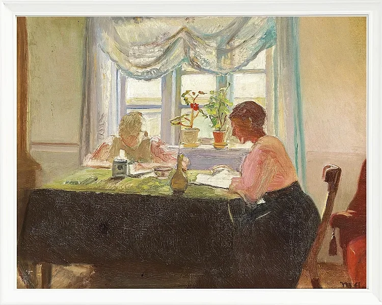 Michael Ancher - Hausaufgaben am Fenster 1889 | Giclée Kunstdruck gerahmt
