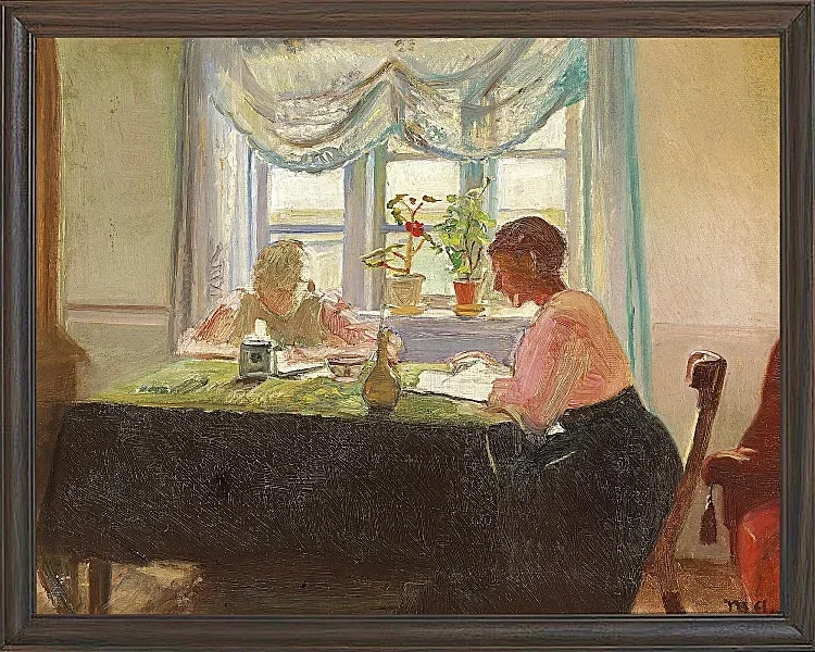 Michael Ancher - Hausaufgaben am Fenster 1889 | Giclée Kunstdruck gerahmt