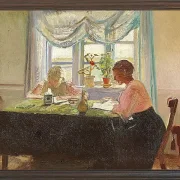 Michael Ancher - Hausaufgaben am Fenster 1889 | Giclée Kunstdruck gerahmt