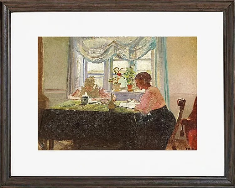Michael Ancher - Hausaufgaben am Fenster 1889 | Giclée Kunstdruck gerahmt