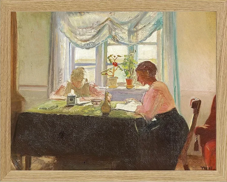 Michael Ancher - Hausaufgaben am Fenster 1889 | Giclée Kunstdruck gerahmt