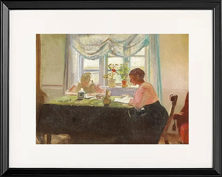 Michael Ancher - Hausaufgaben am Fenster 1889 | Giclée Kunstdruck gerahmt