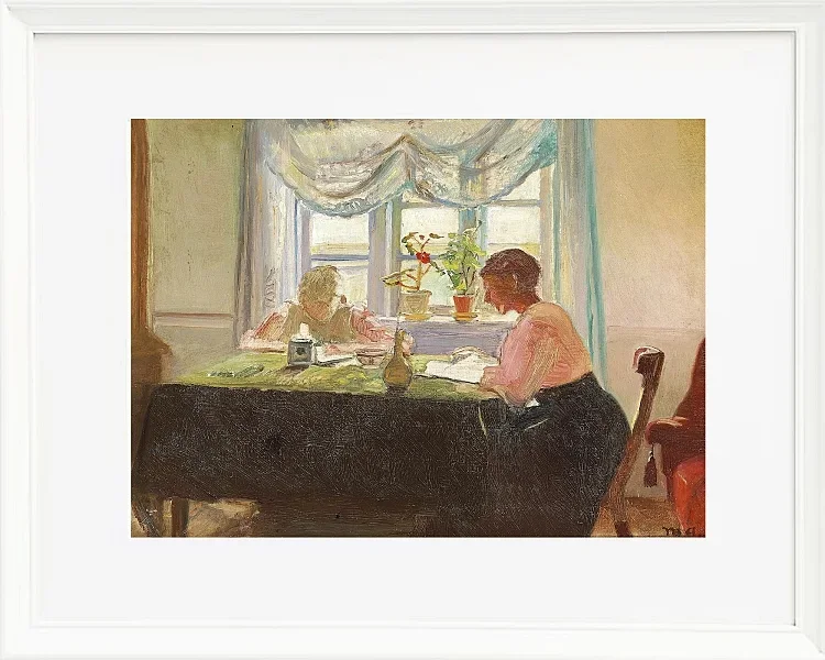 Michael Ancher - Hausaufgaben am Fenster 1889 | Giclée Kunstdruck gerahmt