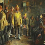 Michael Ancher - Im Kaufmannsstand an einem Wintertag, an dem kein Fischfang stattfindet 1891 | Giclée Kunstdruck gerahmt