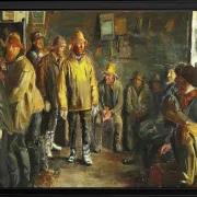 Michael Ancher - Im Kaufmannsstand an einem Wintertag, an dem kein Fischfang stattfindet 1891 | Giclée Kunstdruck gerahmt