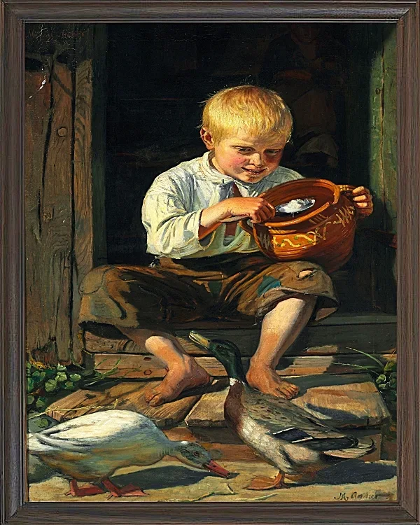 Michael Ancher - Junge füttert Enten 1879 | Giclée Kunstdruck gerahmt