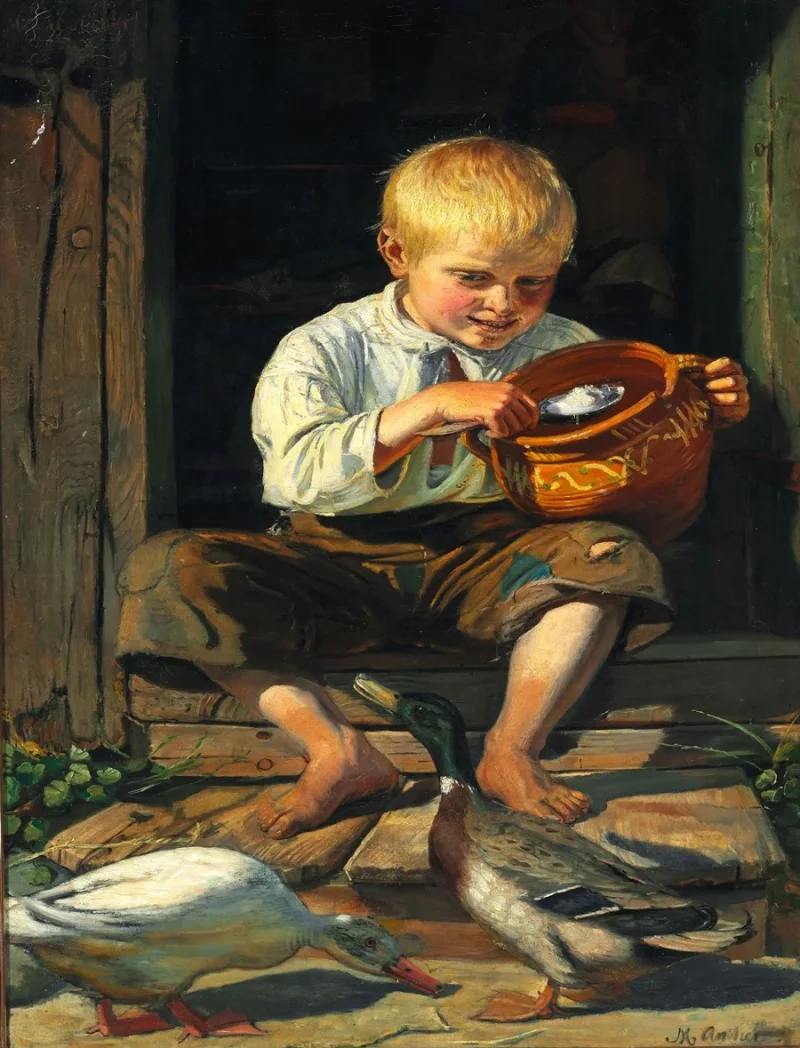 Michael Ancher - Junge füttert Enten 1879 | Giclée Kunstdruck gerahmt