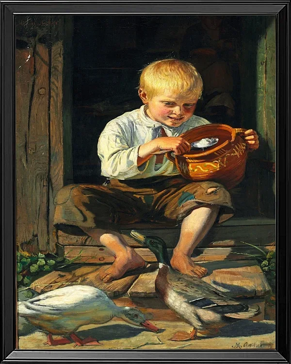 Michael Ancher - Junge füttert Enten 1879 | Giclée Kunstdruck gerahmt