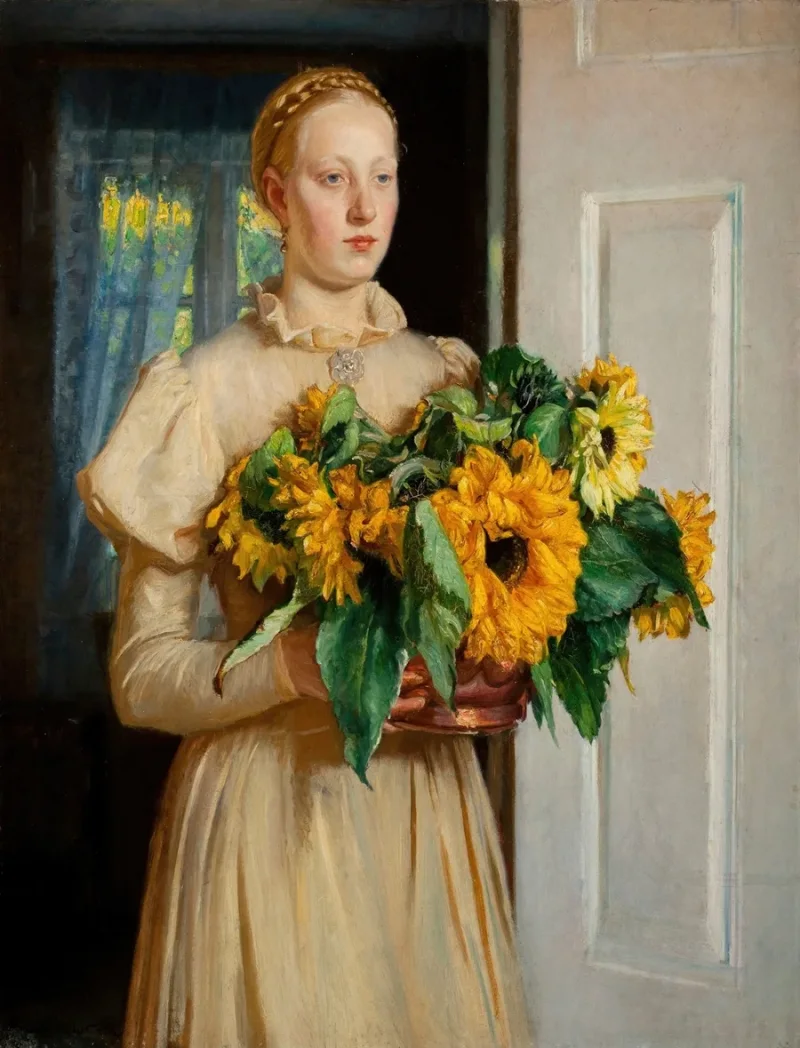 Michael Ancher - Mädchen mit Sonnenblumen 1893 | Giclée Kunstdruck gerahmt