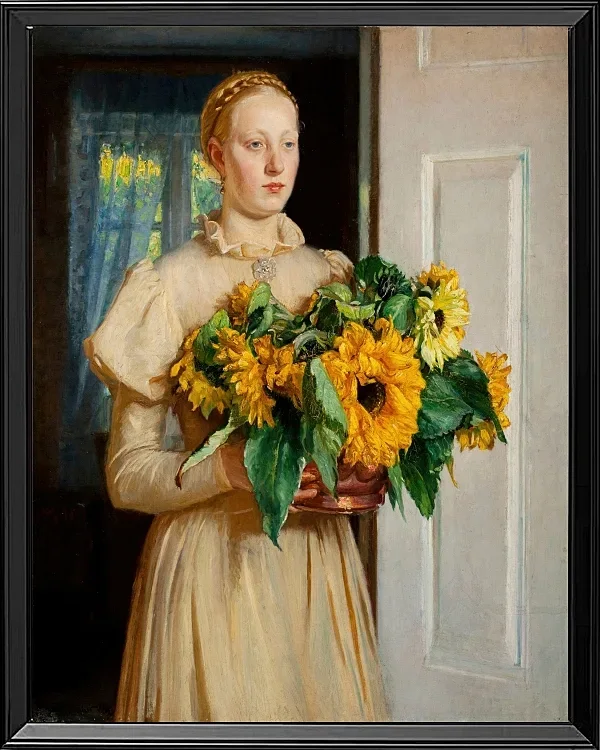 Michael Ancher - Mädchen mit Sonnenblumen 1893 | Giclée Kunstdruck gerahmt
