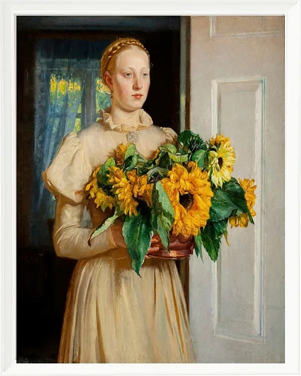Michael Ancher - Mädchen mit Sonnenblumen 1893 | Giclée Kunstdruck gerahmt