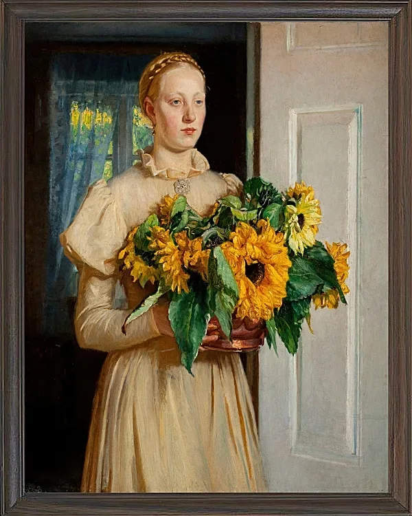 Michael Ancher - Mädchen mit Sonnenblumen 1893 | Giclée Kunstdruck gerahmt