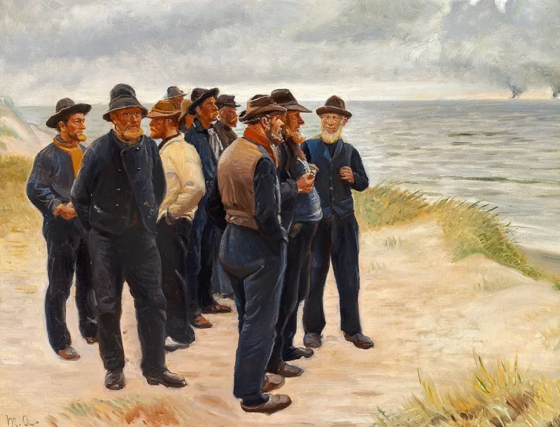 Michael Ancher - Skagen Fischer am Strand mit Blick aufs Meer 1925 | Giclée Kunstdruck gerahmt