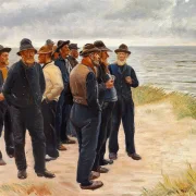 Michael Ancher - Skagen Fischer am Strand mit Blick aufs Meer 1925 | Giclée Kunstdruck gerahmt