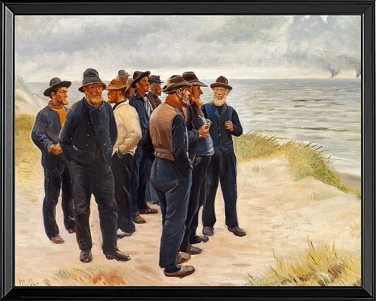 Michael Ancher - Skagen Fischer am Strand mit Blick aufs Meer 1925 | Giclée Kunstdruck gerahmt
